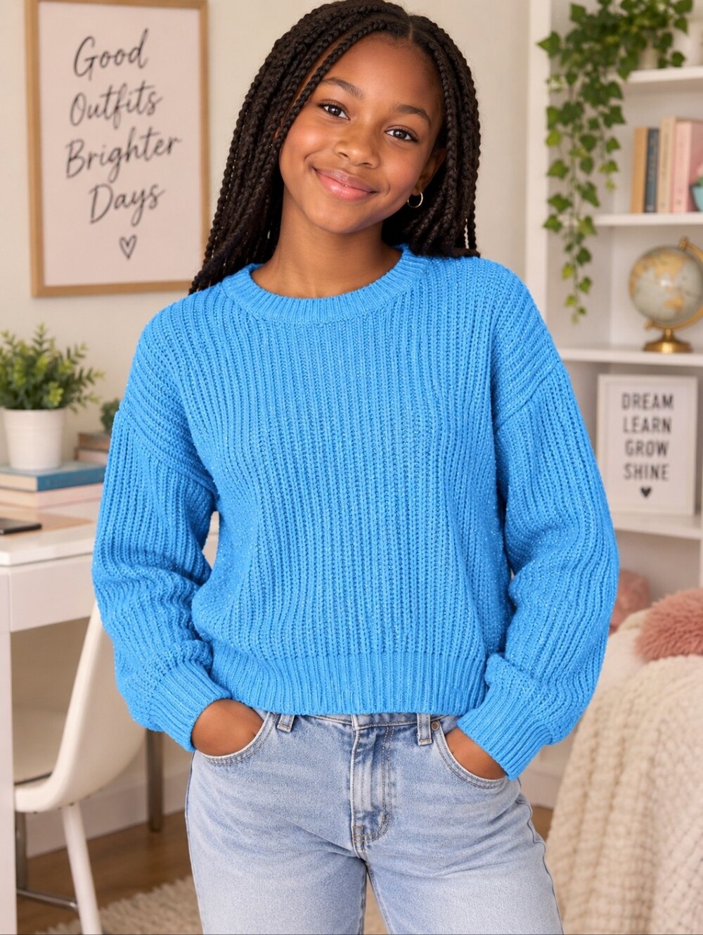 DKNY Girls M 10-12 Blue Shimmer Ribbed Crewneck Sweater Preppy Kawaii Sparkle
